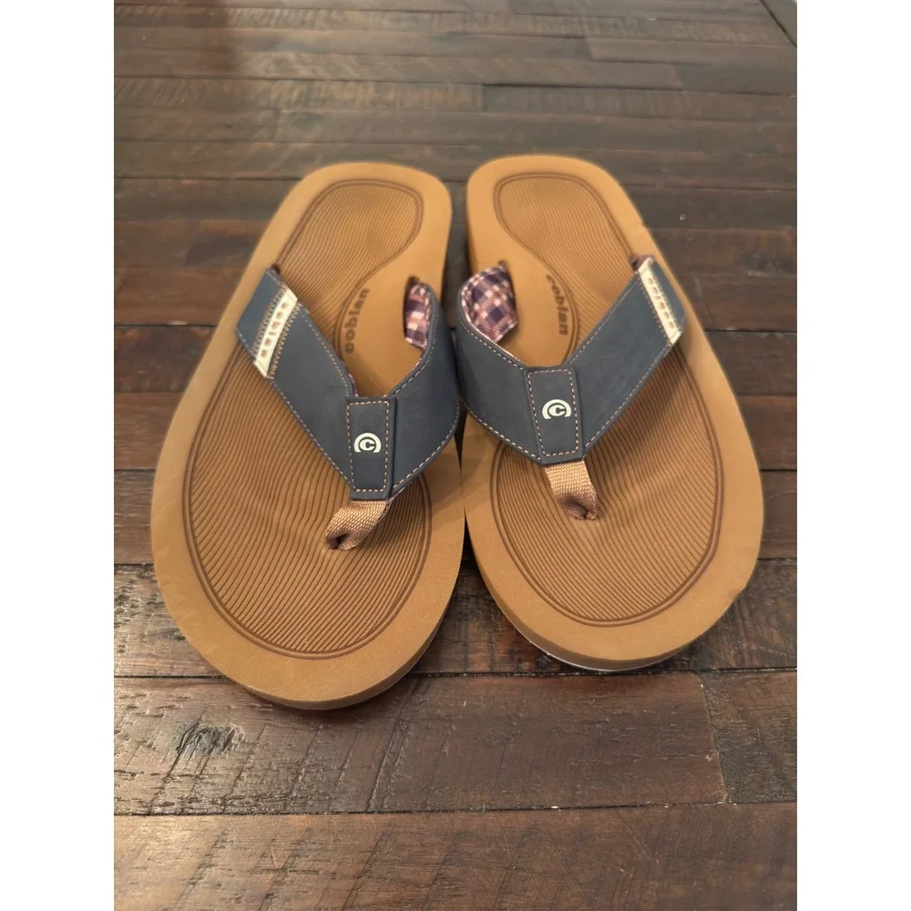 Cobian Mens Flip Flop Sandals Brown Blue Plaid Lining Size 12 Beach Casual